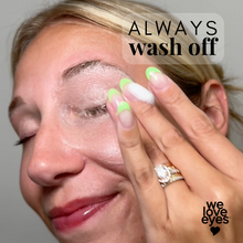 Load image into Gallery viewer, Person applying a product to their eye with text 'Always wash off' and 'we love eyes' branding.