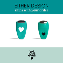 Load image into Gallery viewer, Two turquoise eye shaders with heart designs on a white background, featuring 'we love eyes' branding.