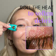 Load image into Gallery viewer, Person using a tool to remove eyelash extensions with text overlay on a neutral background