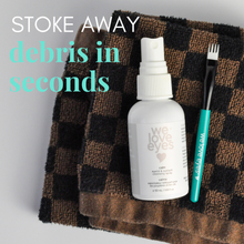 Load image into Gallery viewer, Spray bottle labeled 'we love eyes' with a checkered towel and fork on a gray background.