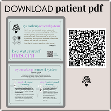 Load image into Gallery viewer, Promotional flyer for eye makeup removal system with QR code and 'we love eyes' branding.