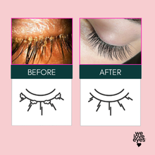 Load image into Gallery viewer, Before and after comparison of eyelashes with 'we love eyes' branding on a pink background.
