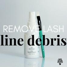 Load image into Gallery viewer, Eyelash care product with spray bottle, brush, and eyelash debris illustration on a colorful background.