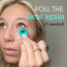 Load image into Gallery viewer, Woman applying a blue tool to her eye with text overlay on a gray background