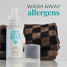 Load image into Gallery viewer, Eye care product with text 'Wash Away Allergens' and a checkered towel in the background.