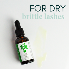 Load image into Gallery viewer, Bottle of 'we love eyes' eyelash serum with text 'FOR DRY brittle lashes' on a light background