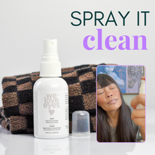 Load image into Gallery viewer, White spray bottle labeled 'we love eyes' with a checkered towel and inset of a person using the product.