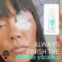 Load image into Gallery viewer, Person applying foamy cleanser to face with 'we love eyes' product and text overlay.