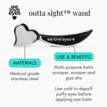 Load image into Gallery viewer, Outta Sight wand by we love eyes with materials and use benefits on a white background