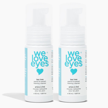 Load image into Gallery viewer, Two bottles of 'we love eyes' tea tree eyelid & eyelash foaming cleanser on a white background