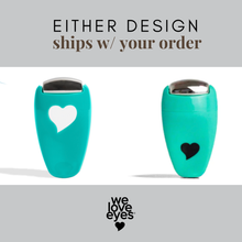 Load image into Gallery viewer, Two turquoise eye shaders with heart designs on a white background, featuring 'we love eyes' branding.
