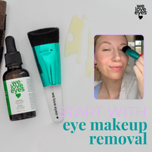 Load image into Gallery viewer, We Love Eyes skincare products with a woman applying makeup and text 'Start with eye makeup removal'.
