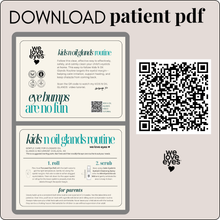 Load image into Gallery viewer, Two informational cards about kids' eye care routines with a QR code and 'we love eyes' branding.
