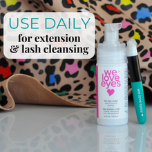 Load image into Gallery viewer, We Love Eyes lash cleansing product with applicator on a colorful background
