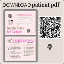 Load image into Gallery viewer, Promotional flyer for a lash cleansing system with QR code and 'we love eyes' branding.
