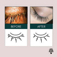 Load image into Gallery viewer, Before and after comparison of eyelashes with 'we love eyes' branding.
