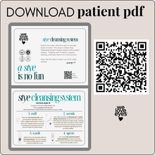 Load image into Gallery viewer, Promotional material for a 'slye cleansing system' with QR codes and text on a light gray background.
