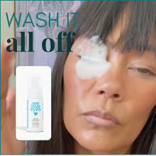 Load image into Gallery viewer, Person applying a product to their eye with text 'WASH IT all off' and a bottle labeled 'we love eyes'.

