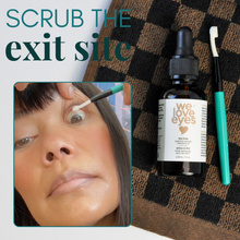 Load image into Gallery viewer, Eye care product with applicator and text 'Scrub the exit site' on a checkered fabric background.
