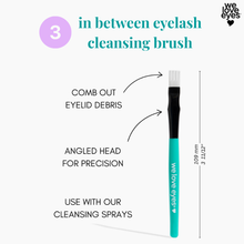 Load image into Gallery viewer, Eyelash cleansing brush with features and branding on a white background
