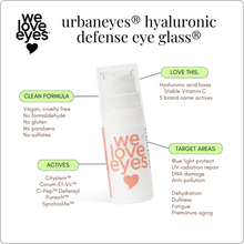 Load image into Gallery viewer, Advertisement for urbaneyes hyaluronic defense eye glass with product details on a white background.
